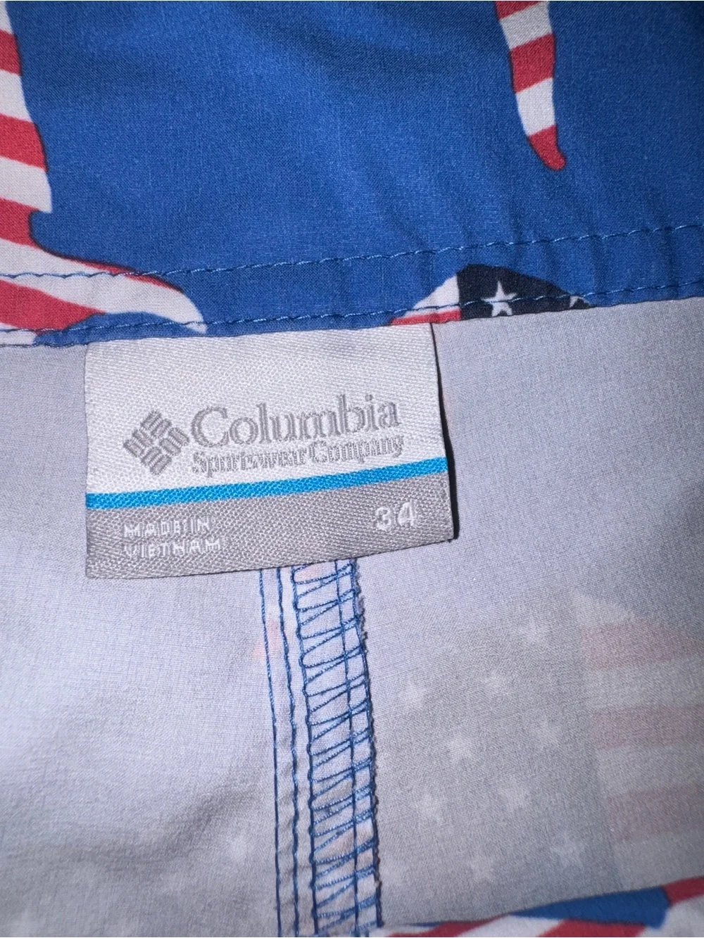 Columbia PFG Mens Swim Trunks Shorts Size 34 Blue American Flag Fish Print Board
